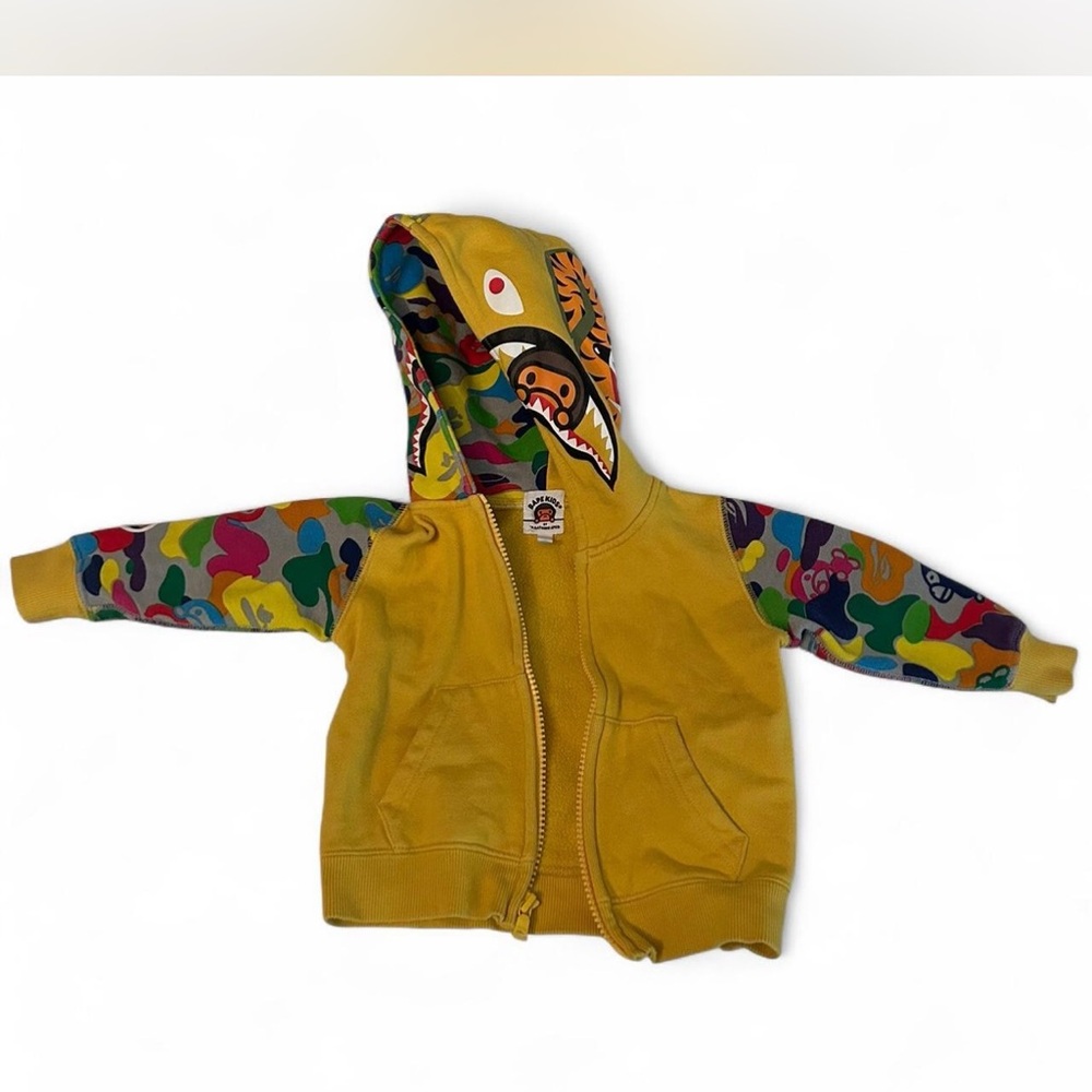 Kids Yellow Hooded Zip-Up Sweatshirt with Multicolor Camo Sleeves